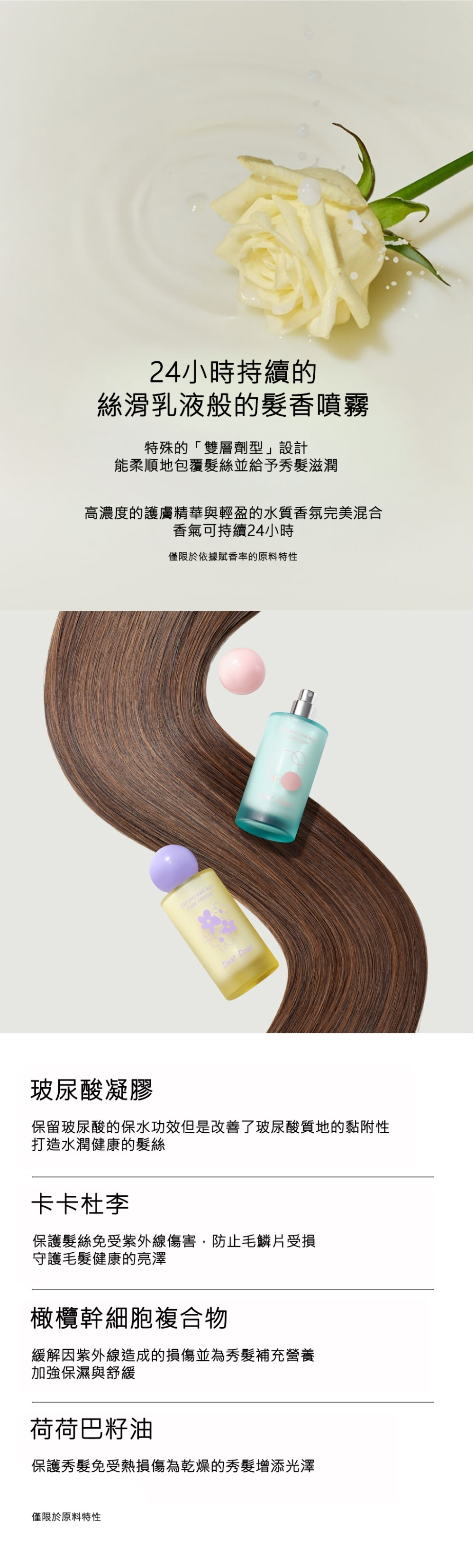 Dear Doer 24小時持久髮香噴霧，採用特殊雙層劑型設計，完美融合高濃度護膚精華與輕盈香氛。添加玻尿酸凝膠、卡卡杜李、橄欖幹細胞複合物與荷荷巴籽油，能有效保濕鎖水、防禦紫外線傷害並修護毛鱗片。這款乳液質地的修護髮香噴霧，能賦予受損髮絲絲滑光澤，實現長效亮澤與迷人香氣