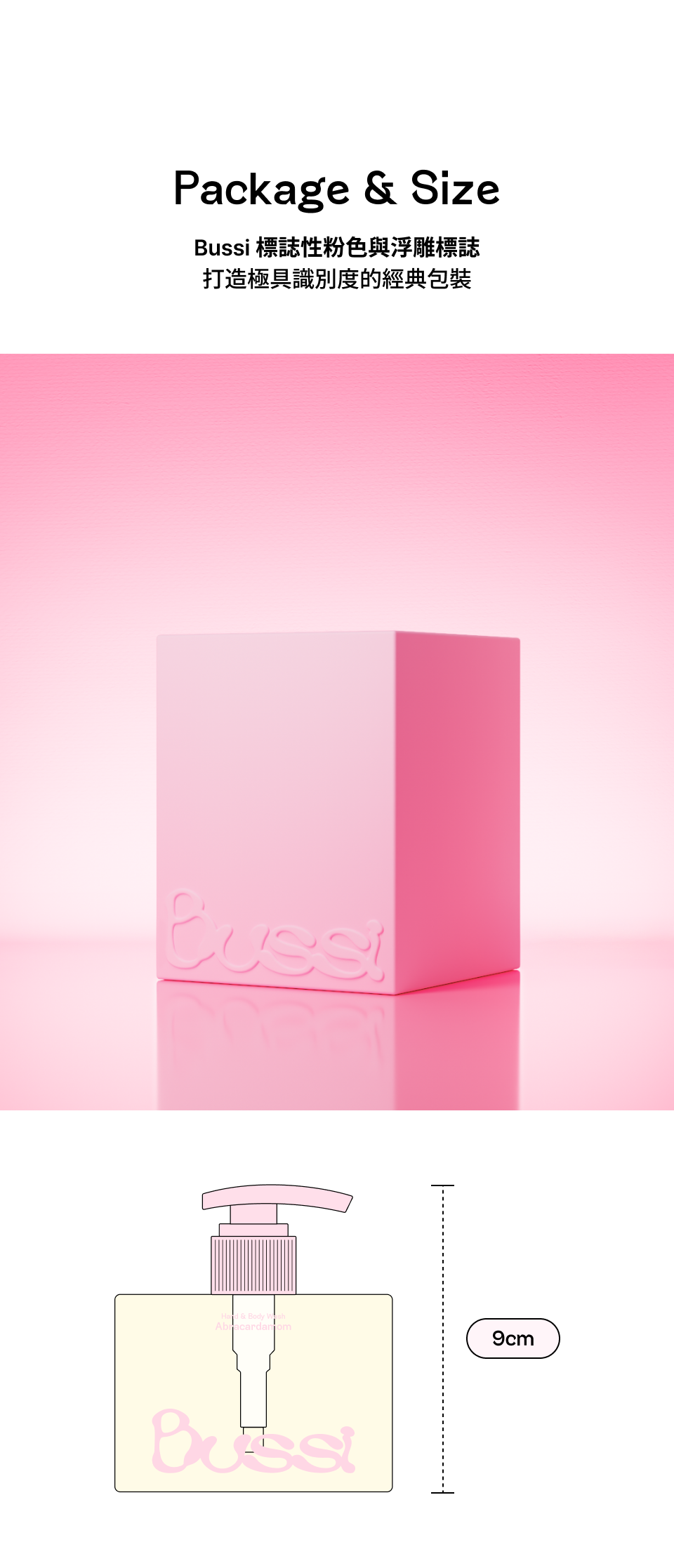 此圖片呈現 Bussi 產品包裝與尺寸設計重點，以品牌標誌性的粉嫩色調搭配立體浮雕 Logo，打造高辨識度且具收藏感的經典包裝風格；整體視覺簡約卻不失精緻，充分展現品牌香氛美學。瓶身尺寸約為 9 公分，高度適中、比例俐落，兼顧居家擺放美感與日常使用、攜帶便利性，讓香氛清潔與身體保養產品不只是實用用品，更成為生活空間中的風格單品