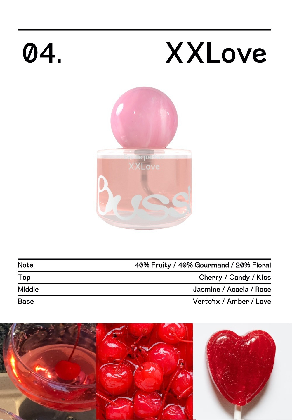 韓國Bussi XXLova 香水香調介紹圖，中央是粉紅球形瓶蓋、蜜桃粉香液的香水瓶，下方表格寫明整體比例為 40% Fruity、40% Gourmand、20% Floral，前調是櫻桃、糖果與吻的意象，中調為茉莉、含笑與玫瑰，基調則是 Vertofix、琥珀與愛戀氣息，底部搭配櫻桃雞尾酒、糖漬櫻桃與愛心棒棒糖照片，營造濃郁甜膩的果香糖果氛圍