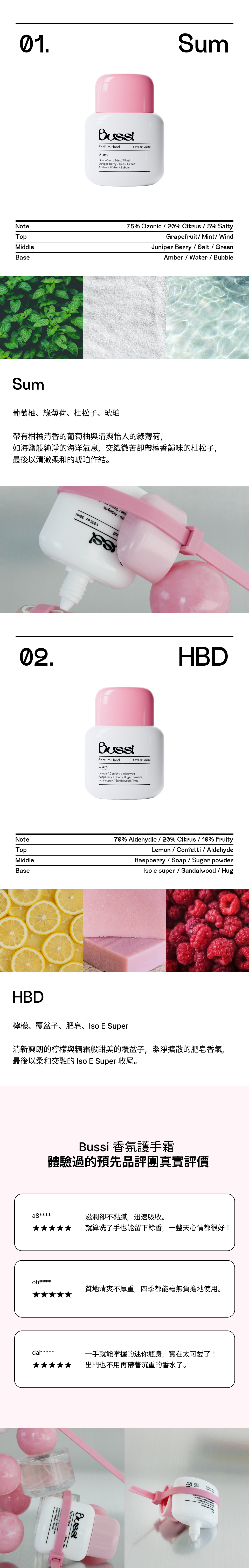 Bussi 兩款核心香調解析。01 Sum：清爽柑橘調，融合葡萄柚與海鹽，散發如清晨溪水般的透明感；02 HBD：甜美皂香調，結合覆盆莓與砂糖粉，帶來慶生派對般的愉悅氣息。下方附有消費者真實好評，讚譽其香味持久且質感清爽，是交換禮物的不二之選