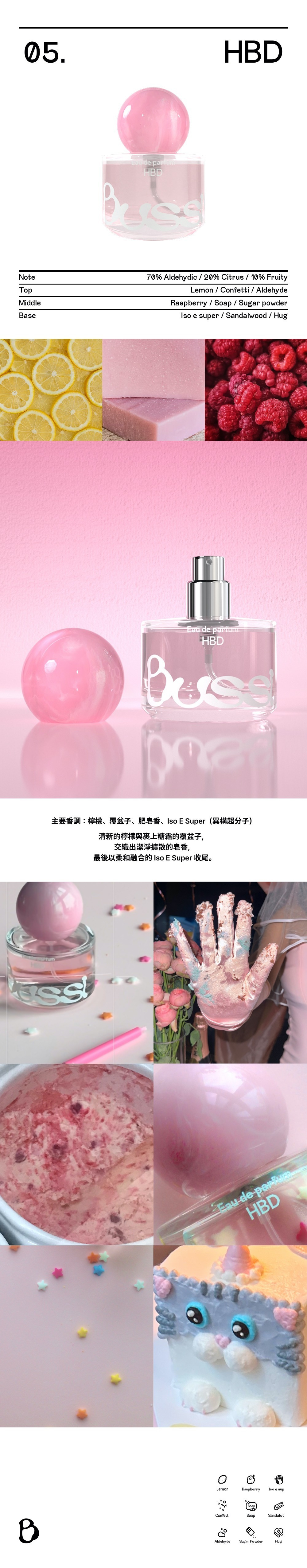  韓系香氛品牌 Bussi 專為慶祝時刻設計的「HBD」淡香精。主打「奶油覆盆莓甜點調」，前調為鮮甜檸檬、黑醋栗與苦橙葉，中調融合覆盆莓、玫瑰與糖粉，基調則帶有冰糖、零陵香豆與琥珀的溫暖甜味。視覺結合可愛蛋糕與新鮮莓果，呈現如同慶生派對般歡樂且甜蜜的氣息