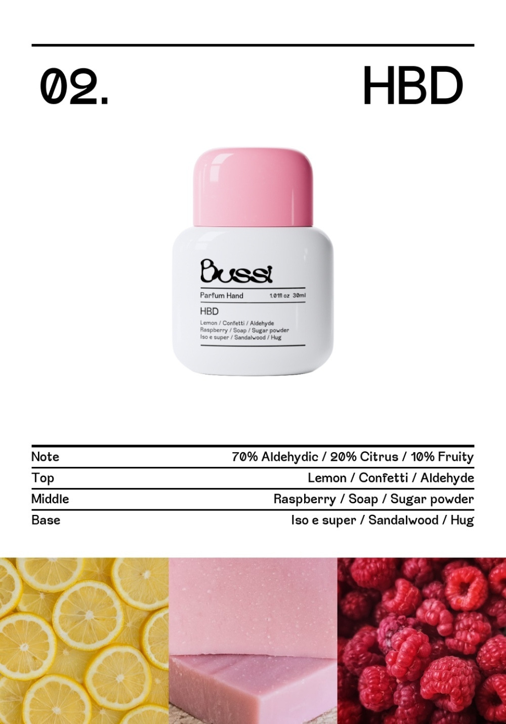 韓國Bussi HBD 香氛護手霜香調介紹圖，中央是粉紅瓶蓋、白色瓶身的 HBD Parfum Hand，標示用量 1.01 fl oz／30 ml，下方表格寫明整體比例為 70% Aldehydic、20% Citrus、10% Fruity，前調檸檬、彩帶與醛香，中調覆盆子、香皂與糖粉，基調 Iso e super、檀香與擁抱般暖意，最底部以檸檬切片、粉紅香皂與覆盆子照片呼應清爽皂感果香