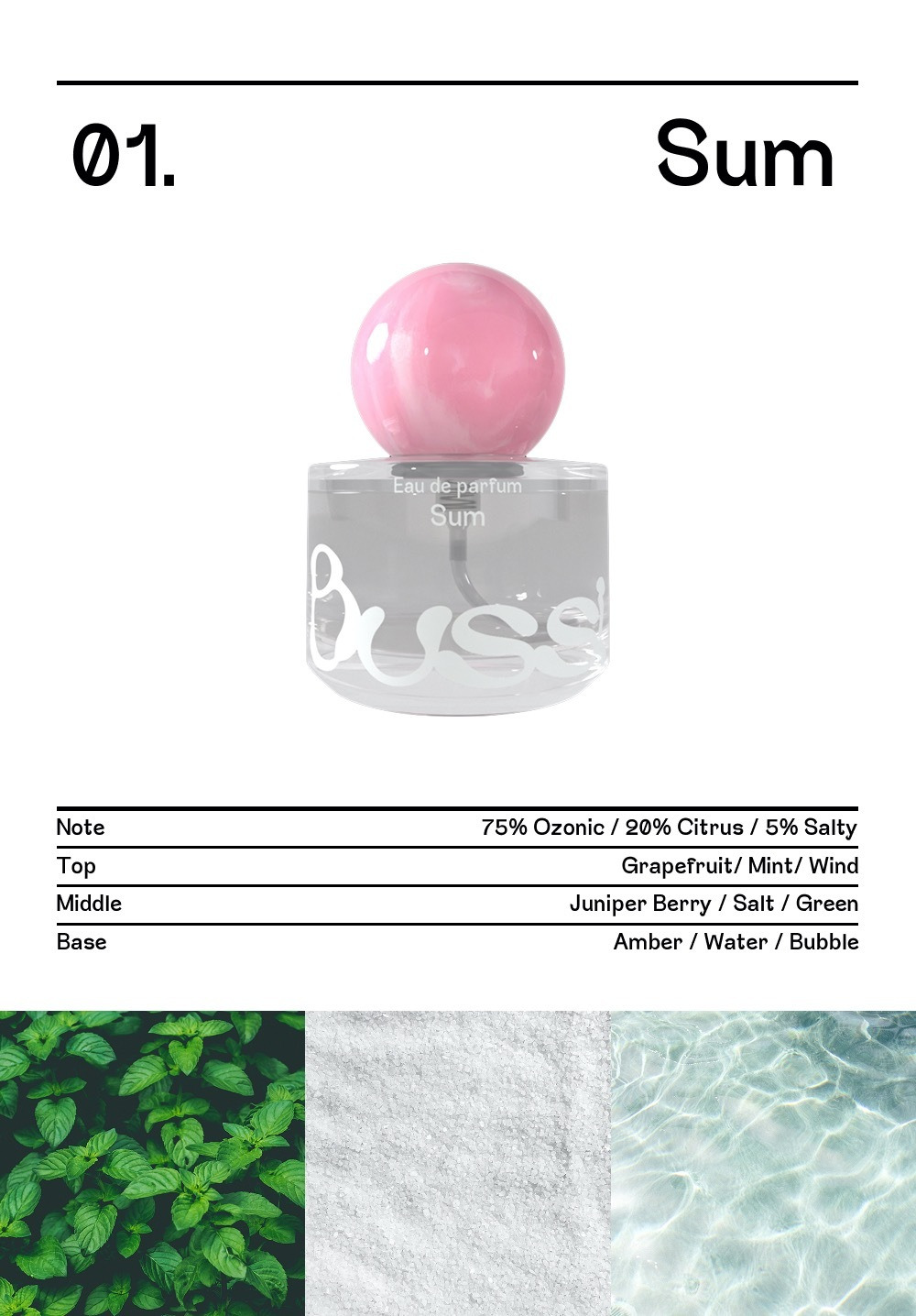 韓國Bussi Sum 香水香調介紹圖，中央是粉紅球形瓶蓋的透明香水瓶，下方表格寫明整體比例為 75% Ozonic、20% Citrus、5% Salty，前調是葡萄柚、薄荷與風的清涼感，中調為杜松子、鹽與綠意，基調則是琥珀、水感與氣泡意象，底部搭配綠葉、白色鹽晶與波光水面的照片，營造乾淨清爽、帶鹹感海風柑橘香的氛圍