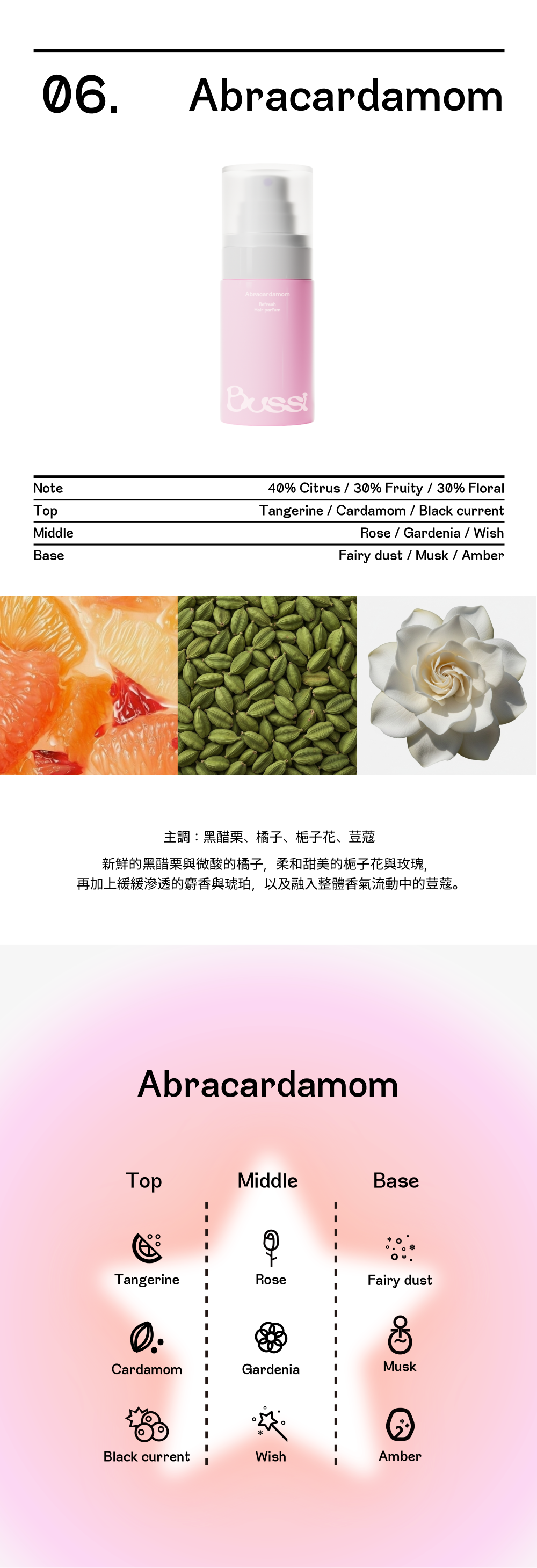BUSSI Abracadabrum 髮香噴霧 (阿布拉小荳蔻) 香調詳解。前調為橘子、小荳蔻、黑醋栗；中調為玫瑰、梔子花、Wish；後調為仙女粉、麝香、琥珀。圖片展示了產品瓶身及柑橘、小荳蔻與梔子花的植物特寫，主打黑醋栗與微酸橘子融合甜美花香的獨特層次