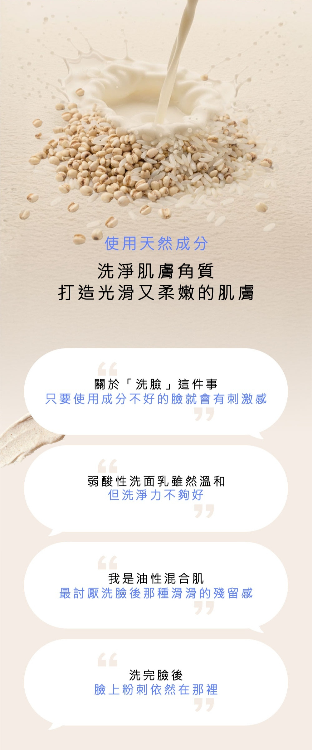 展示以薏仁、燕麥等天然成分洗淨肌膚角質的過程。下方對話框列出常見洗臉痛點：包含洗臉刺激感、弱酸性洗面乳洗淨力不足、油性混合肌不喜歡滑膩殘留感，以及洗完臉後粉刺依然存在的問題。強調產品能打造光滑柔嫩肌膚並解決上述困擾