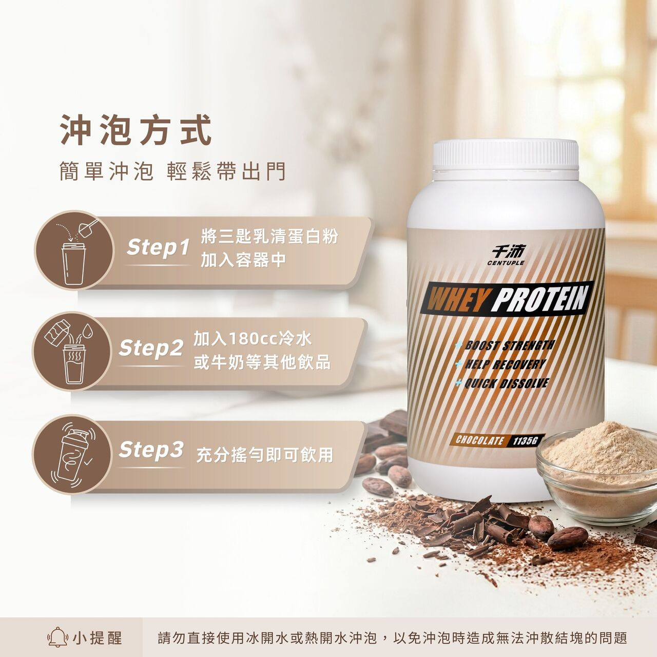 乳清蛋白的沖泡方式，第一步為將三匙乳清蛋白粉加入容器，第二步為加入180cc冷水或其他飲品，第三步充分搖勻即可使用