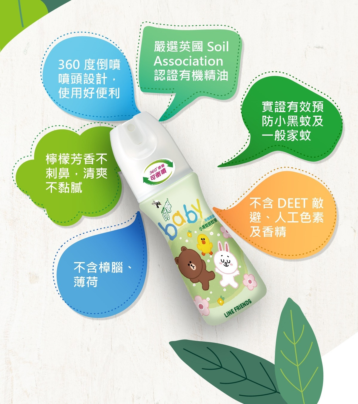 360度倒噴噴頭設計，英國認證有機精油，實證有效預防小黑蚊，不含DEET、色素、香精、樟腦、薄荷，檸檬芳香清爽不黏膩