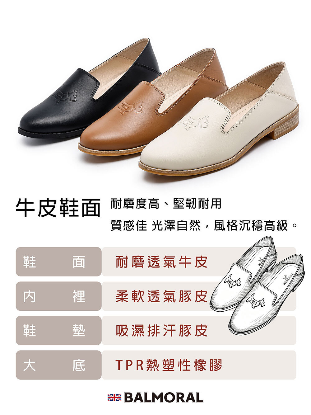 BALMORAL樂福鞋，三種顏色，牛皮鞋面豚皮内裏及豚皮鞋墊，耐磨鞋底舒適好穿