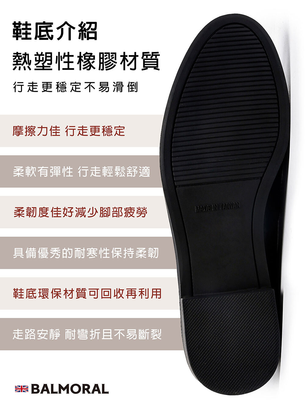 鞋底熱塑性橡膠，穩定耐磨舒適又好走