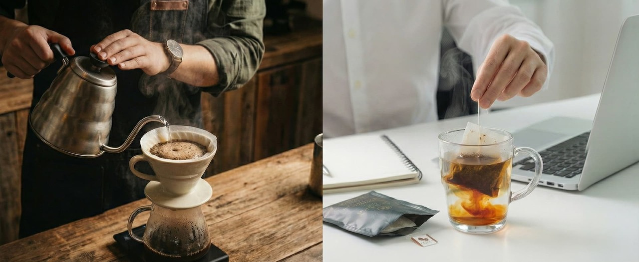 手沖咖啡與浸泡式咖啡萃取比較圖＿澳綠咖啡