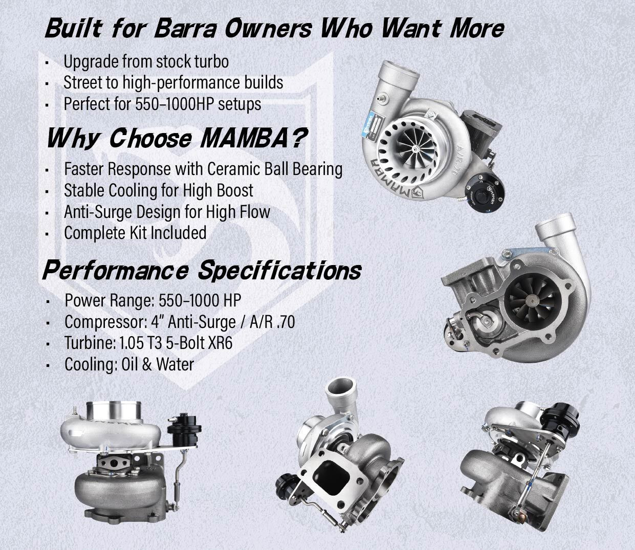 MAMBA GTX3584R turbo features, ceramic ball bearing and anti-surge design