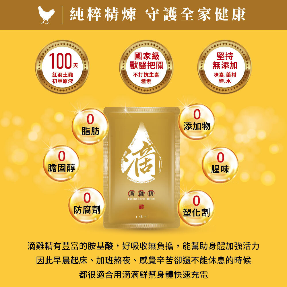 國家級獸醫把關不打抗生素激素的雞精。嚴選台灣在地紅羽土雞，滴滴精華濃純好吸收，0脂肪、0膽固醇、0添加水，100%營養補充輕鬆為體力加分，含18種小分子胺基酸，7000mg/100mL領先市場