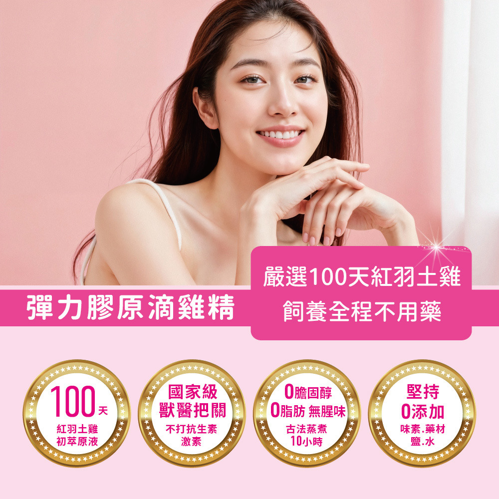 國家級獸醫把關不打抗生素激素的雞精。嚴選100天紅羽土雞，低熱量、高營養、好香醇，0脂肪、0膽固醇、無腥味，堅持0添加味素、藥材、鹽、水，100%營養補充輕鬆為體力加分，含9種必需胺基酸，7000mg/100mL領先市場