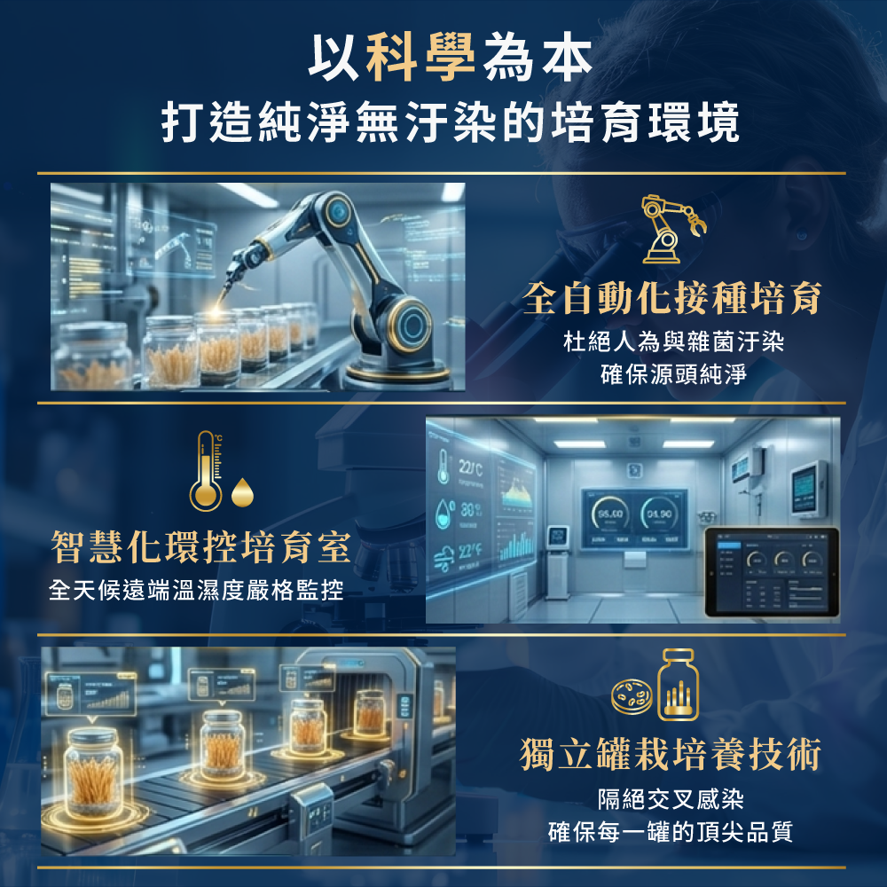 純淨無汙染的培育環境，智慧化環控培育室，嚴格把關黃金虫草品質