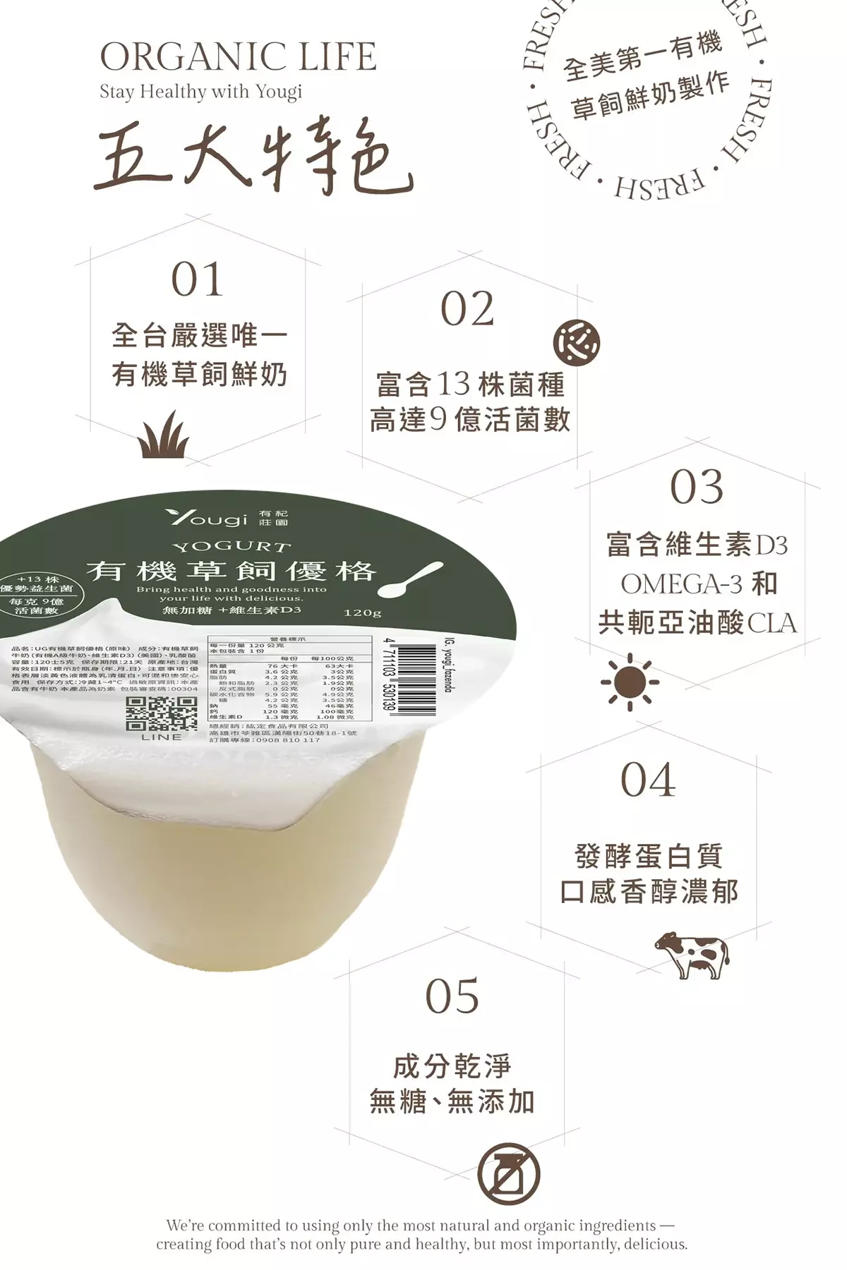 Yougi有紀莊園有機草飼優格（外帶隨身小包裝120g）五大優勢圖：嚴選有機草飼牛奶、富含13株菌種、富含維生素D3/Omega-3/CLA、口感香醇濃郁、無糖無添加