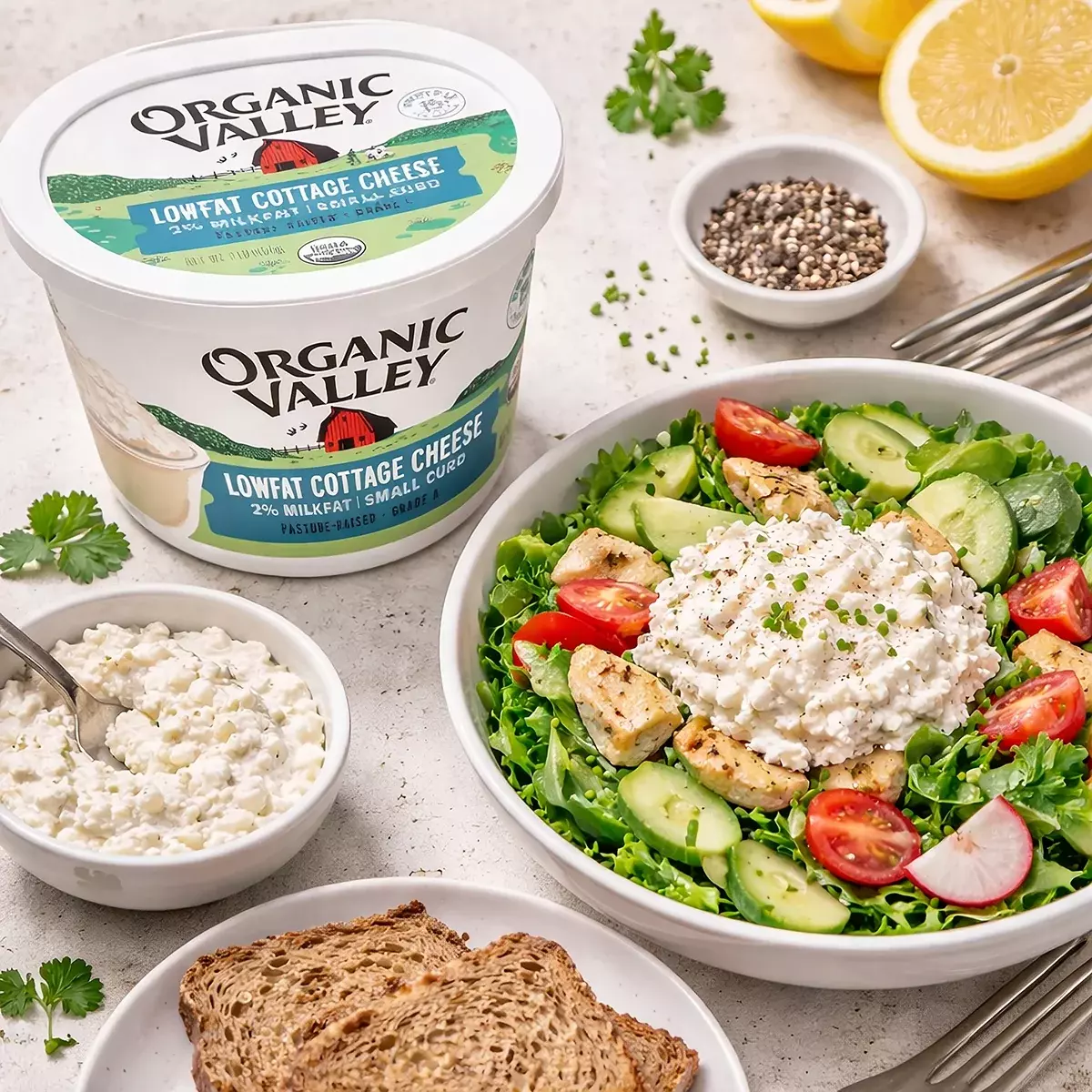俯拍視角呈現ORGANIC VALLEY有機低脂茅屋起司，搭配新鮮沙拉與全麥吐司，細緻顆粒質地清晰可見，展現健康清爽的日常飲食風格。