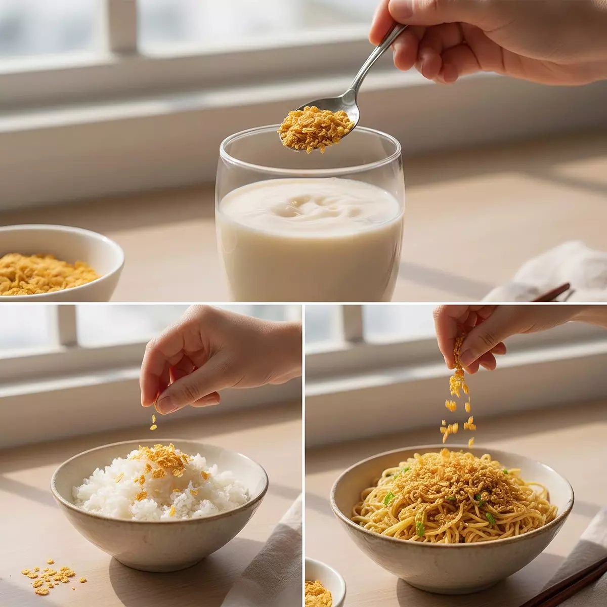 健康生活情境，金黃色啤酒酵母薄片加入豆漿中，下方左格灑在裝米飯碗中，下方右格灑在麵食上，呈現酥脆質地與簡單易上手的日常料理與美味搭配應用。