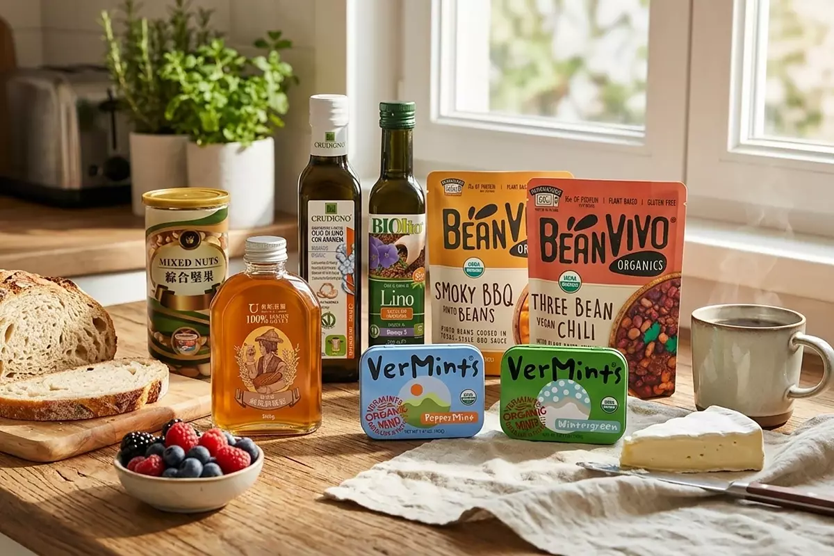 溫暖居家廚房場景中擺放麵包、堅果、即食豆、薄荷糖、亞麻仁油與龍眼蜜等天然食品，呈現健康日常飲食氛圍。
