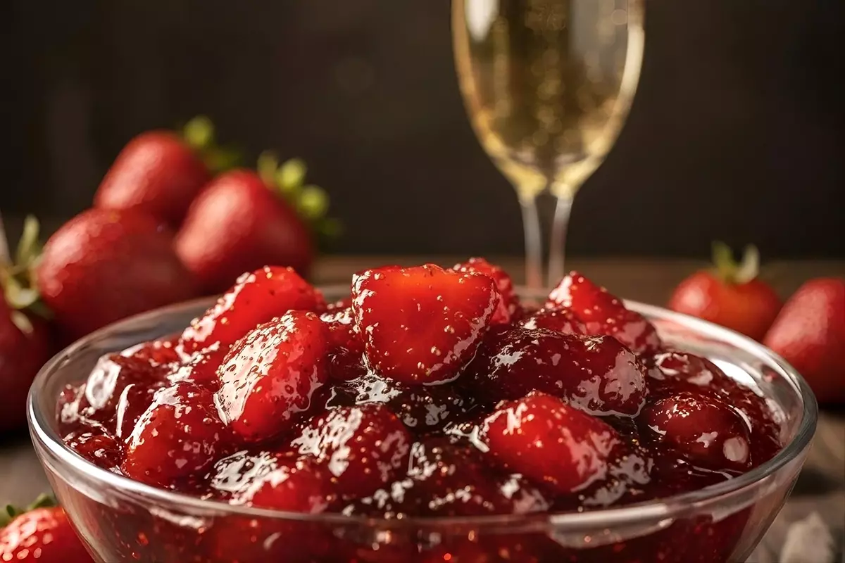 紅寶石紅草莓果醬混入閃耀馬克香檳酒（Marc de Champagne），夾雜真實果塊的微距特寫攝影，高細節電影級光影，柔焦香檳酒杯背景。