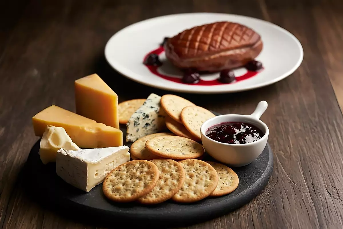 高級編輯風格起司拼盤，搭配脆餅與莓果果醬小碟，背景呈現美食烤肉淋莓果還原醬，淺景深突顯奢華質感。