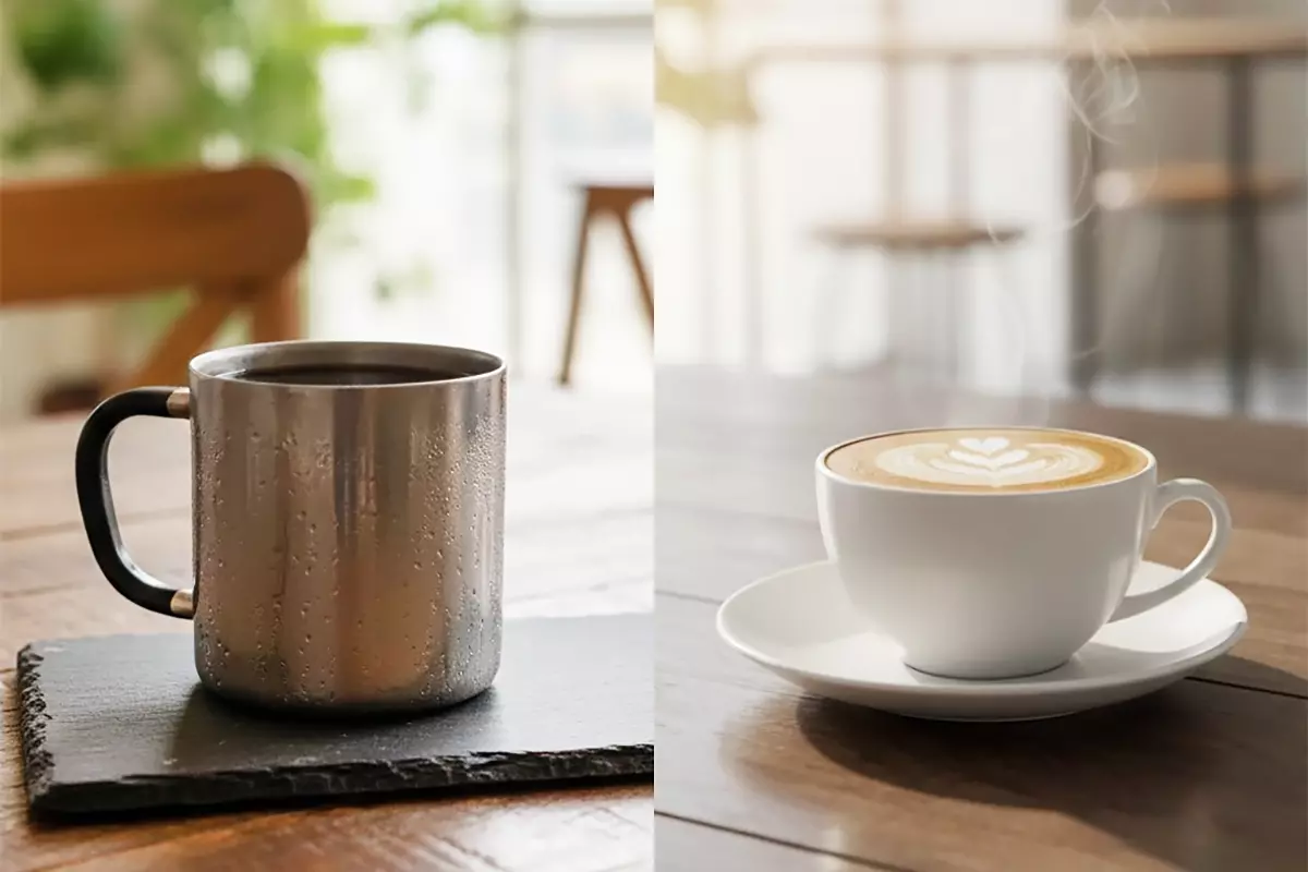 左右對比圖，左側為露營用手持馬克杯盛裝義式濃縮咖啡，右側為精緻咖啡杯盛裝熱拿鐵，呈現可冷可熱飲用效果，突顯便利、生活化及多樣調飲方式的高品質享受氛圍。