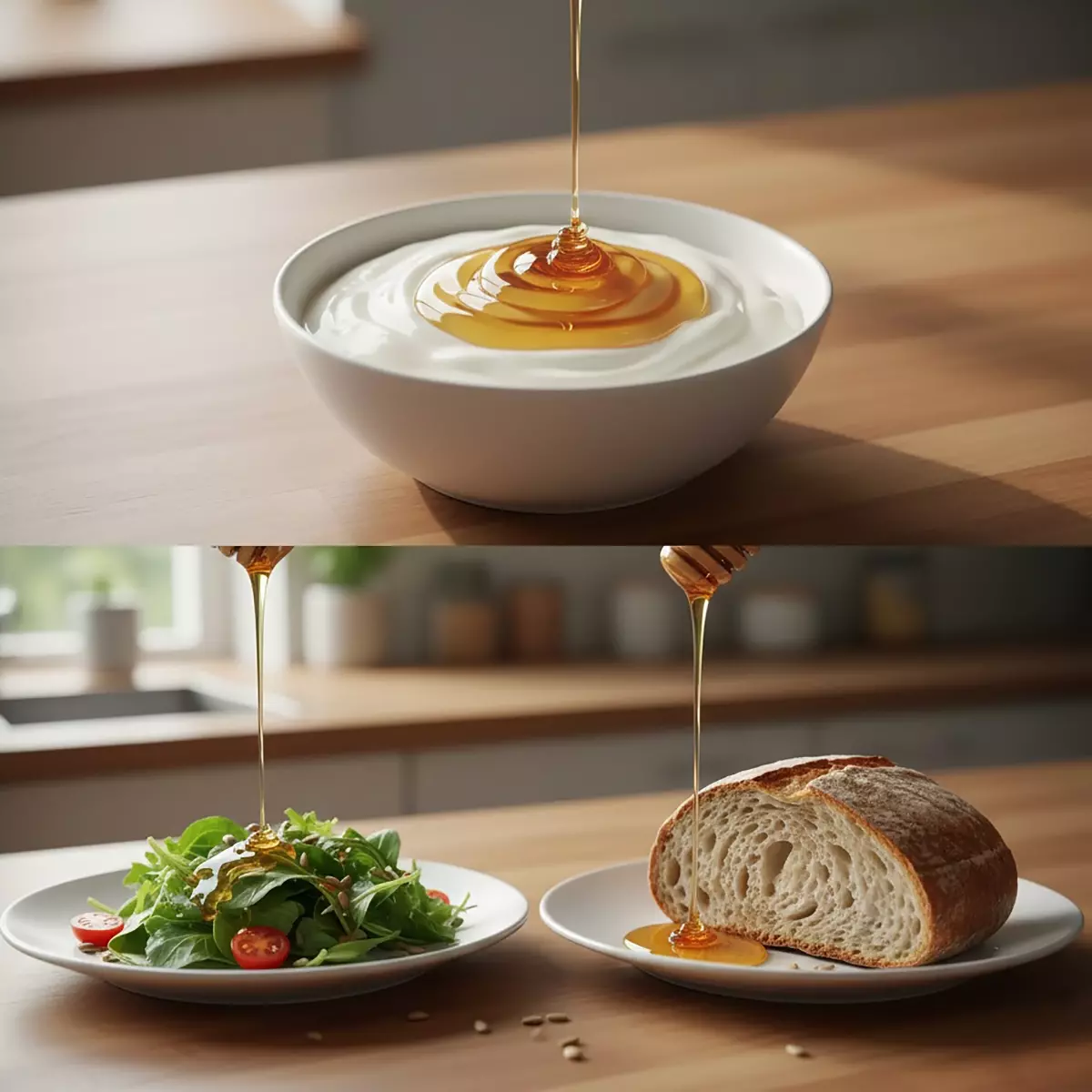 上下分割寫實場景：上半部是一碗有機草飼優格，金黃蜂蜜緩緩淋下，呈現綿密、光澤感；下半部是沙拉與烘焙食物放在乾淨的盤子裡，蜂蜜自然淋上，強調健康、自然、日常生活的輕鬆感。整體光線溫暖自然，質感誘人。