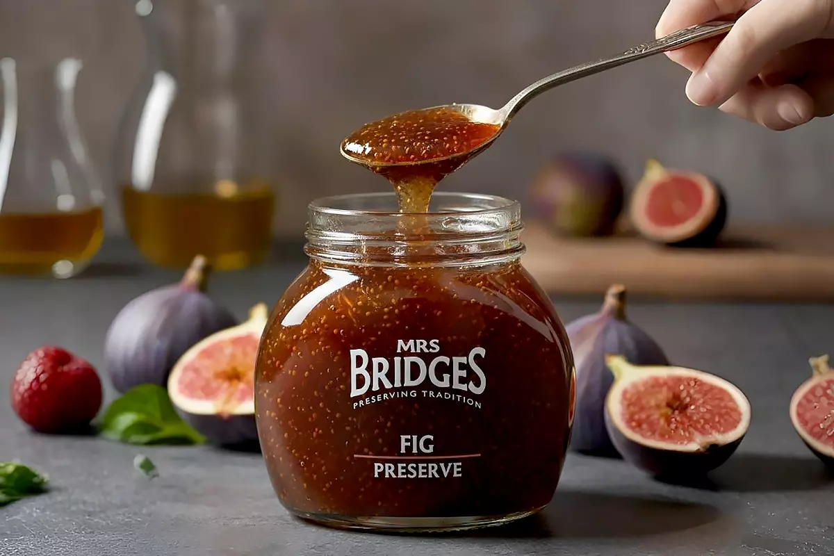 水晶罐裝MRS. BRIDGES無花果果醬的微距攝影，厚實閃耀琥珀色果醬伴隨明顯果籽置於銀匙上，柔和燈光，玻璃、果醬光澤與匙子反光質感極致細膩。