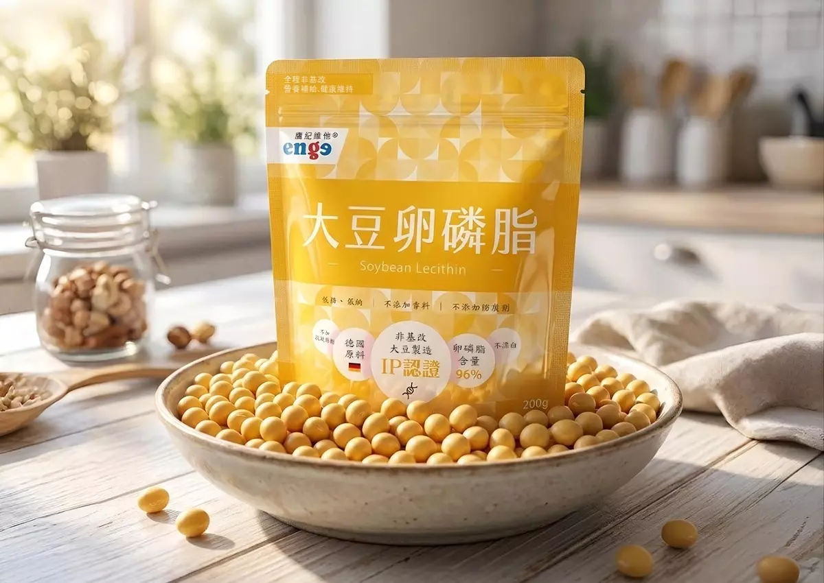 光線明亮的現代廚房場景，陽光透過窗戶照射在乾淨淺色的檯面上。中央放置鷹記維他大豆卵磷脂產品包裝，周圍自然散落著金黃飽滿、充滿生命力的大豆。背景有柔和模糊的廚房元素，整體呈現健康、自然、高品質的氛圍，產品與大豆的質感、顏色和光影清晰可見。