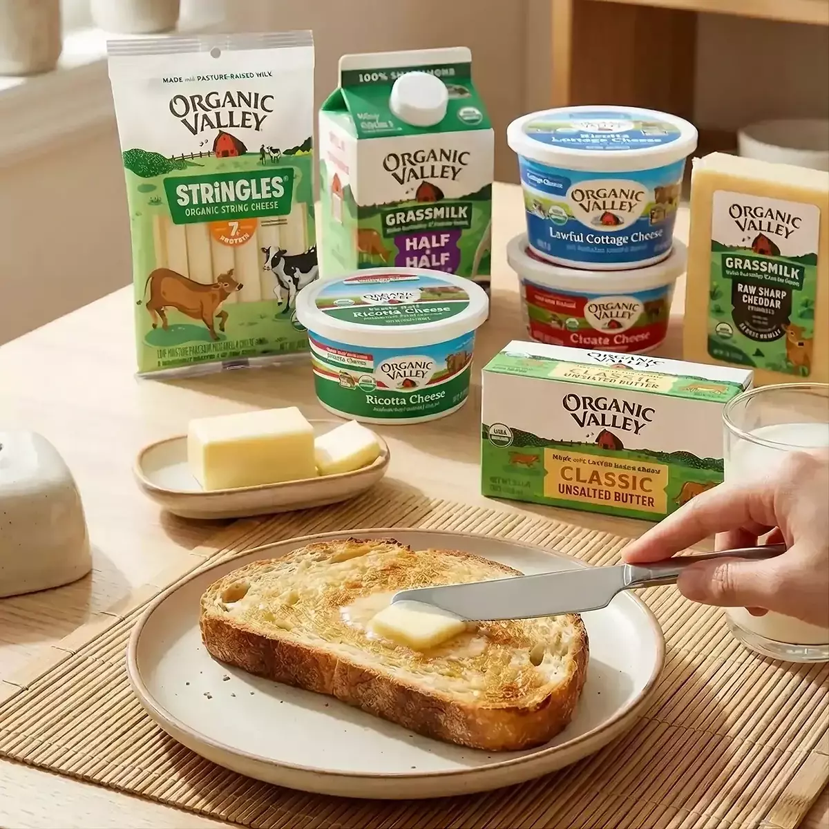 多款ORGANIC VALLEY乳製品與奶油吐司擺放在餐桌上