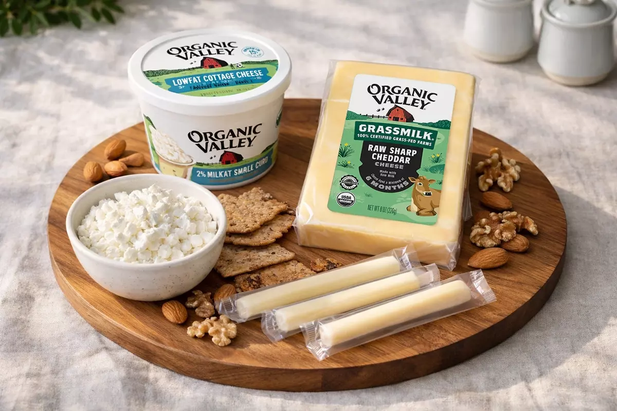 以自然晨光俯瞰拍攝的起司拼盤場景，木質餐盤上擺放三種 Organic Valley 起司：低脂茅屋起司、草飼切達起司塊與起司棒，搭配全麥餅乾與新鮮堅果點綴，呈現乳製品的天然質地與多樣化食用方式，營造溫暖居家的早餐氛圍。