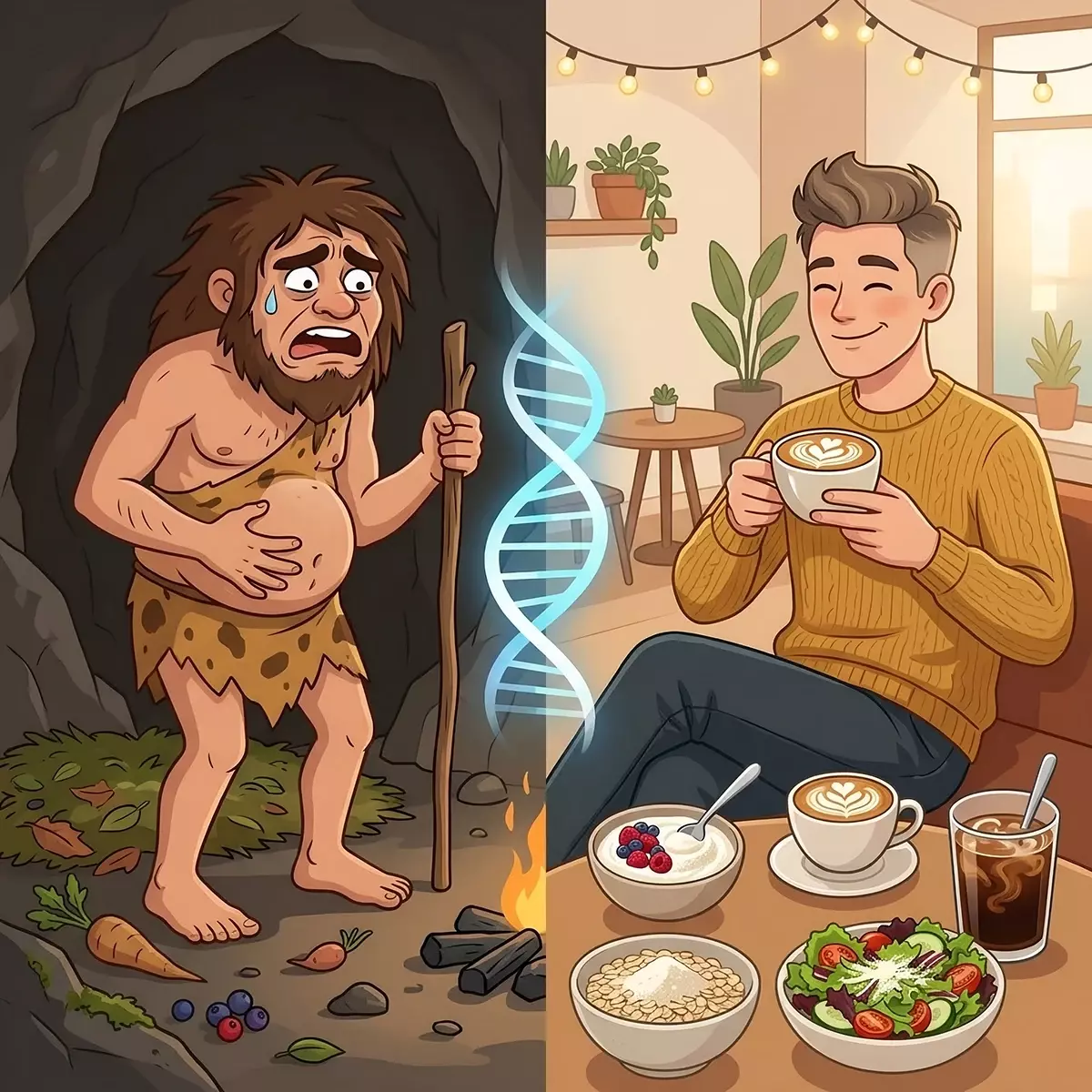 古人類痛苦捧腹與現代人享受拿鐵的對比插圖，中央以DNA螺旋連結，象徵乳糖耐受演化，呈現從腹瀉到現代舒適飲用牛奶的過程。