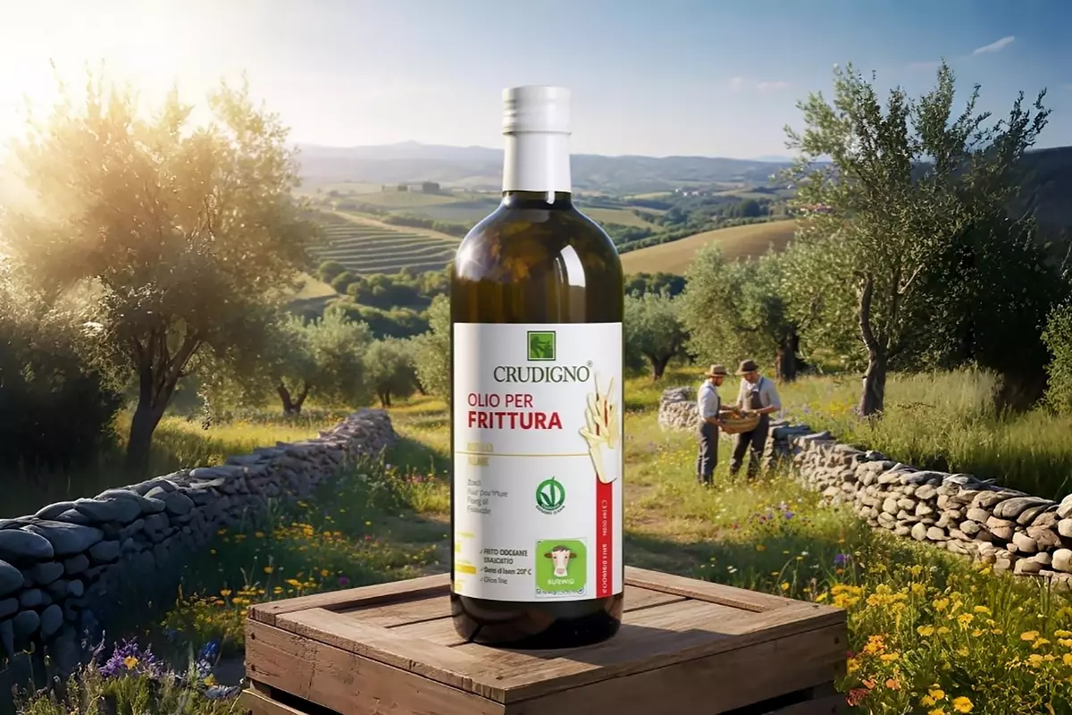 CRUDIGNO義大利原裝進口煎炸油大瓶置於農場陽光普照景象中央，彰顯30年純淨義大利真正的油品專業經驗。