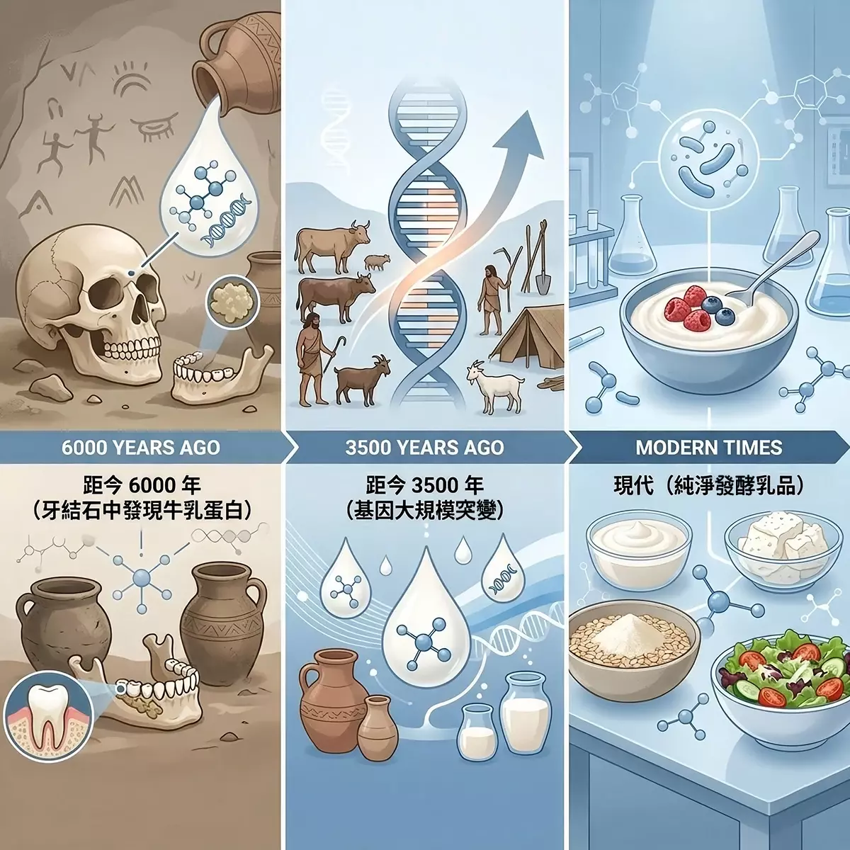 人類乳製品攝取的歷史時間軸資訊圖，從距今 6000 年牙結石發現牛乳蛋白、距今 3500 年基因大規模突變，到現代純淨發酵乳品，專業科學風格、清晰易讀、顏色柔和、抽象分子圖案呈現時間演進。