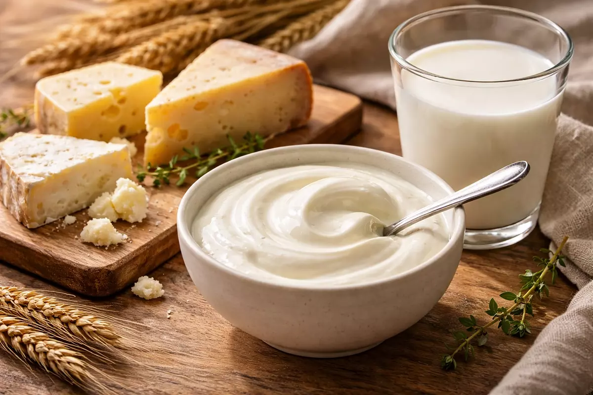 木質桌面上的優格、起司與鮮乳微距畫面，搭配香草與麥穗，呈現天然純淨的乳製品情境。