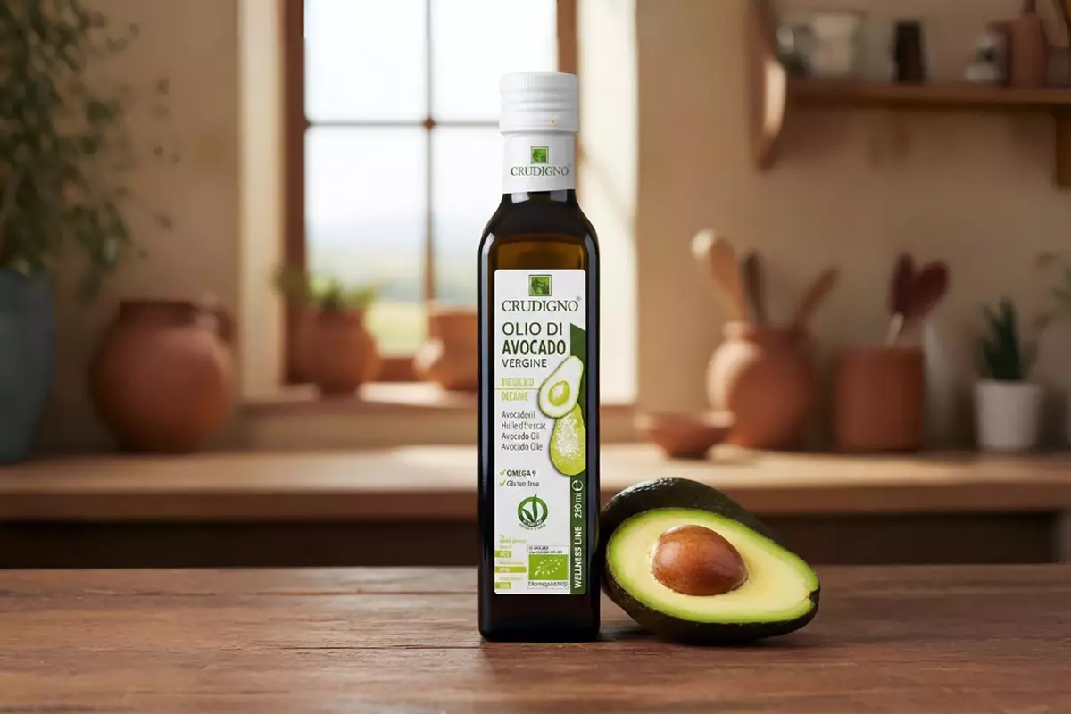 CRUDIGNO 義大利酪梨油瓶與新鮮切半酪梨並排擺放於托斯卡尼風格廚房檯面，呈現低溫冷壓、原裝進口的天然純正質感。