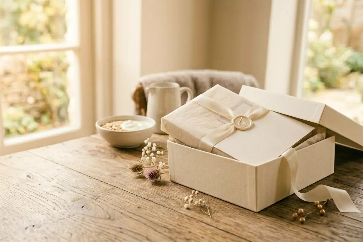 AI生成圖片：淺色禮盒放在早餐桌上，搭配柔和自然光的生活場景