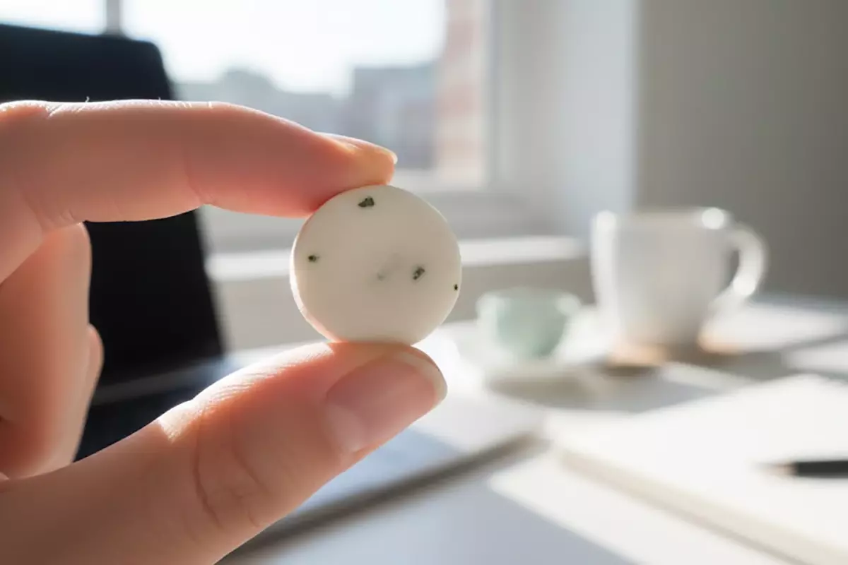 寫實微距 VerMints 有機薄荷糖特寫，天然紋理與薄荷葉黑斑。霧面光滑新鮮，置潔淨表面或人手。背景日間車內或辦公桌，自然光清新專注氛圍，冷白薄荷綠調。