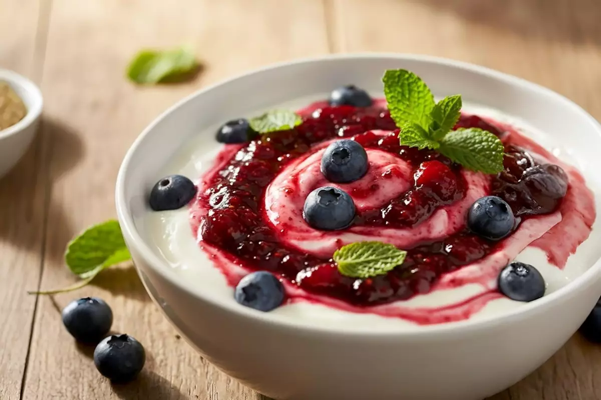 莓果果醬在白色陶瓷碗中與濃稠希臘優格交織微距攝影，新鮮藍莓與薄荷裝飾點綴，明亮晨光照耀超高細節。