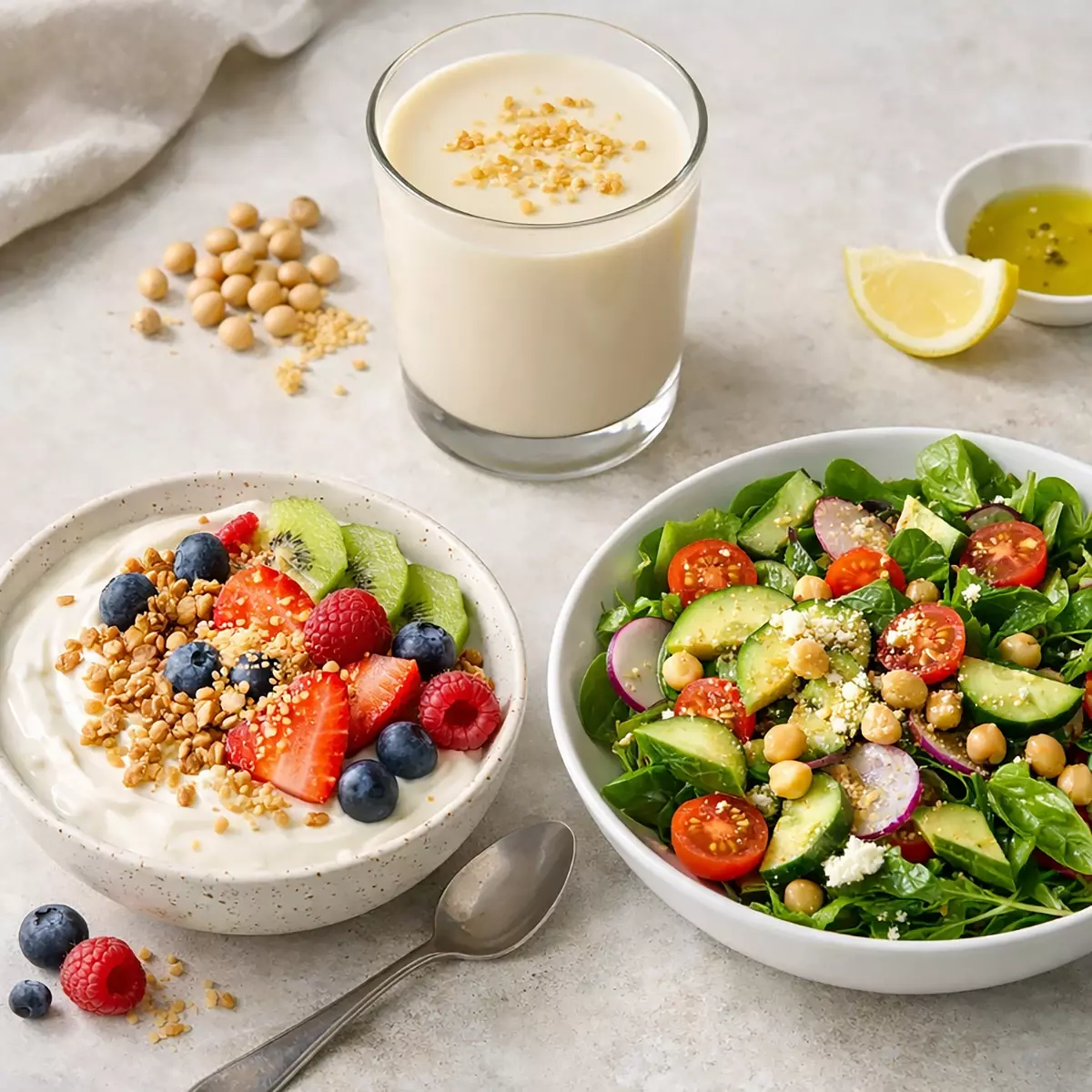 三道健康料理以三角構圖呈現，上方為可將大豆卵磷脂撒入攪拌後直接飲用的豆漿，下方左側為可拌入優格與水果穀物一同食用的優格碗，下方右側為可撒在新鮮沙拉中增添營養與口感的大豆卵磷脂沙拉，透過日常飲品與餐食示範多元攝取方式，整體以柔和自然光拍攝，背景簡約乾淨、質地清晰。