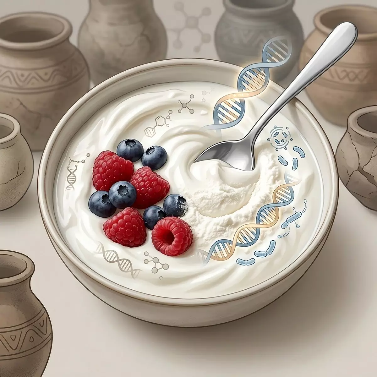 碗內濃稠優格微距特寫，展示奶香與發酵質地，背景抽象呼應古代發酵乳製品歷史，無文字、無陶甕或額外食材裝飾，專業、高品質教育風格。
