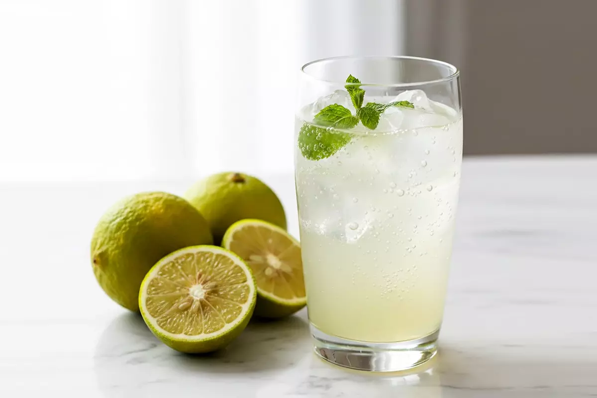 一杯以台灣扁實檸檬原汁調製的氣泡飲，加入冰塊與香草葉點綴，呈現清爽淡黃綠色調，旁邊擺放整顆與對切扁實檸檬，整體風格自然高雅、清新寫實。