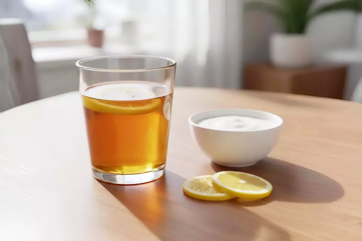 玻璃杯中的蜂蜜水澄澈琥珀色，放置在溫暖木質桌面上，旁邊有小碗新鮮優格和整齊擺放的檸檬片，自然光照映出蜂蜜和食材質感，營造健康、舒適、日常飲用氛圍。