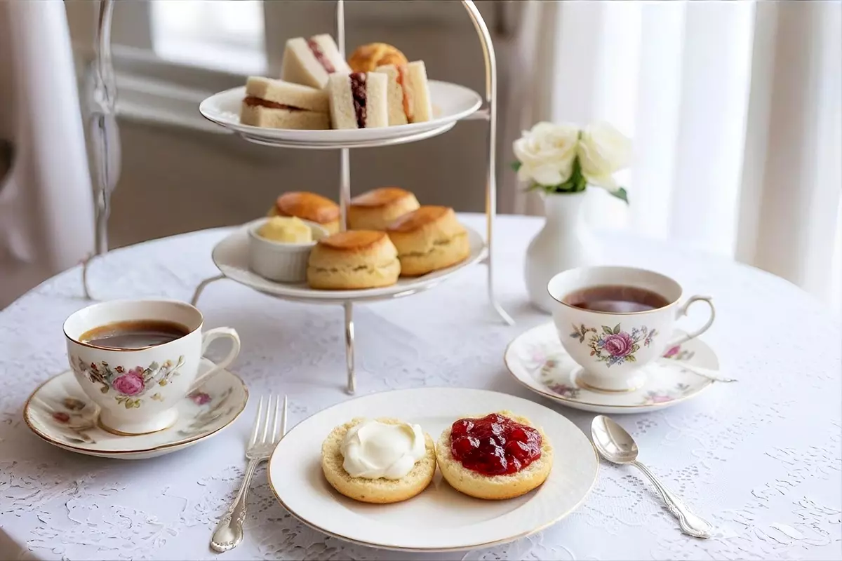 優雅英式下午茶陳設，新鮮烘焙司康搭配草莓香檳果醬與鮮奶油，精緻骨瓷茶杯，柔和光影，高階編輯攝影風格。