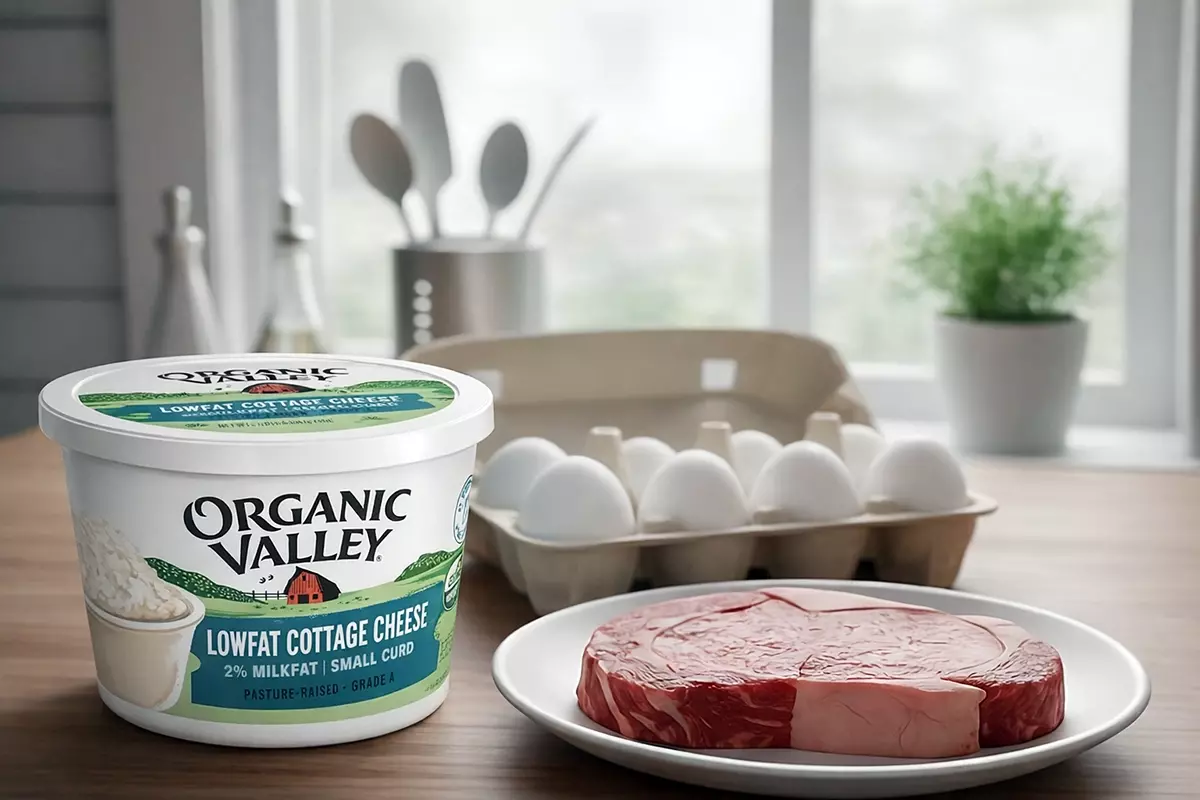 明亮木桌上的Organic Valley有機茅屋起司料理，左側乳酪盒裝右側大塊牛肉，後方雞蛋盒與窗戶自然光，健康高蛋白早餐組合（AI 生成技術呈現）。
