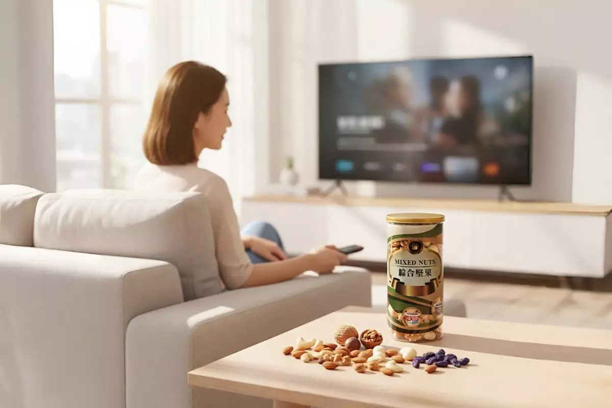 明亮客廳沙發旁茶几上的養生綜合堅果罐，白天陽光充足，女性坐沙發右側邊看電影畫面，手持串流遙控器，健康下午茶零食場景。