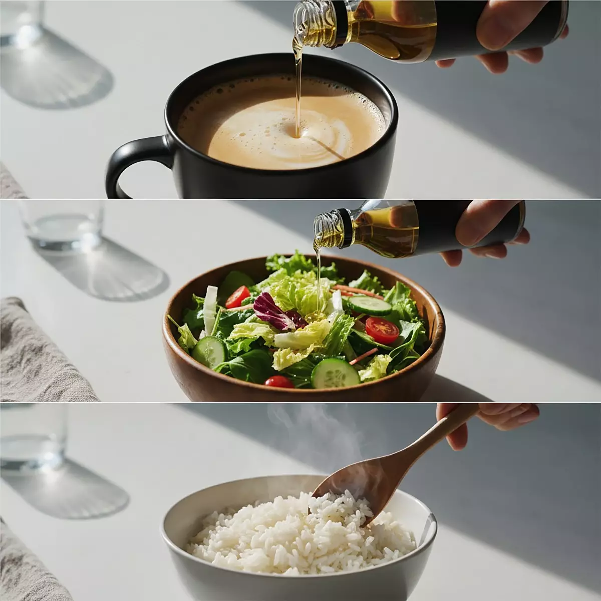 高質感三格直式構圖展示MCT油應用：上方倒入濃密防彈咖啡、中間淋於新鮮綠色沙拉、下方拌入熱騰騰白飯，自然日光編輯美食攝影，光影細膩捕捉蒸氣、泡沫與油珠質感，活力便捷生活氛圍。