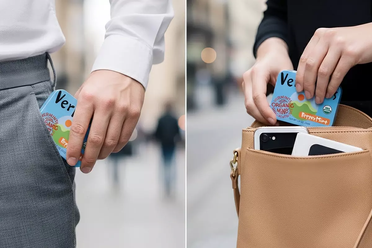 VerMints有機薄荷糖鐵盒輕鬆收納是意圖：左圖-霧面銀鐵盒輕鬆滑入現代褲袋，強調不沾手無痕跡，都市街景背景。右圖 - 同鐵盒置入時尚女用皮革手提包內部，乾淨無汙漬，咖啡廳桌景背景。自然日光、冷調薄荷綠，傳達輕巧自信攜帶美學。
