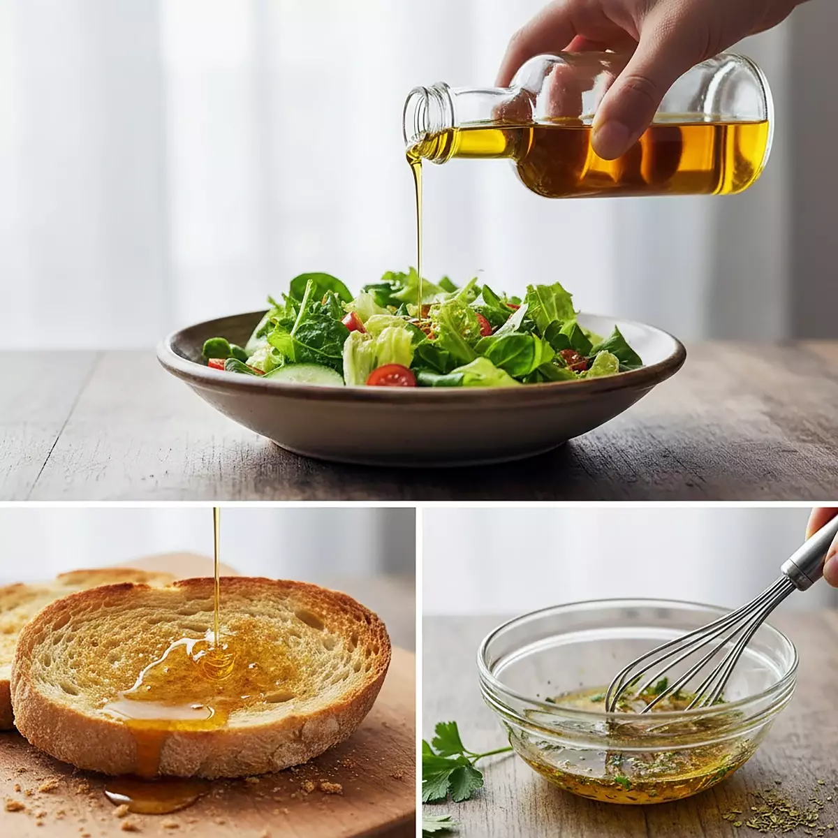生活風格食物攝影三格圖片：上格展示新鮮翠綠沙拉置於陶瓷碗中，正淋上閃耀琥珀色亞麻籽油；左下格描繪厚片吐司正被慷慨塗抹相同油品；右下格呈現以該油為基底攪拌簡單香草醬汁。明亮晨間窗光照亮所有畫面，淺景深，柔和陰影涵蓋各場景，綠葉、麵包屑與油光質感極致細膩。
