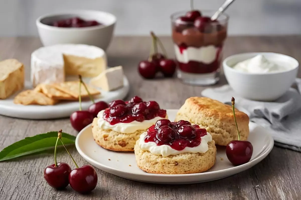 新鮮金黃司康餅置於質樸木桌，上淋深紅櫻桃果醬與濃厚凝乳奶油，周圍散落鮮豔櫻桃。高級編輯美食攝影，柔和自然光、淺景深突顯光澤質感與碎屑，超細節構圖。