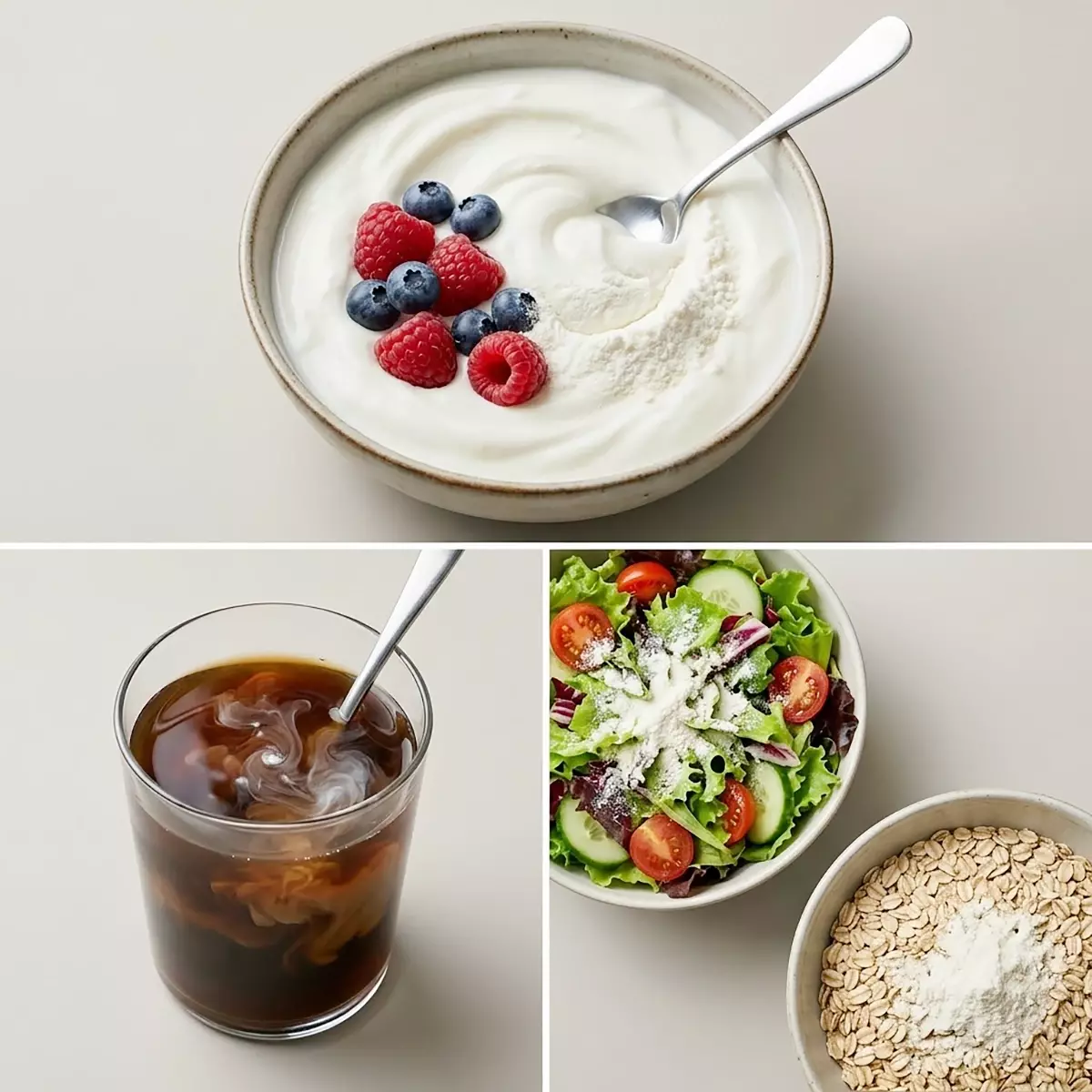 有機乳清蛋白粉三種簡單吃法，優格拌粉、冷咖啡混合與沙拉燕麥撒粉，日常輕鬆補充蛋白質